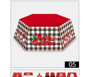 Red black buffalo plaid Christmas tree collar collapsible fabric skirt holiday home decor 05
