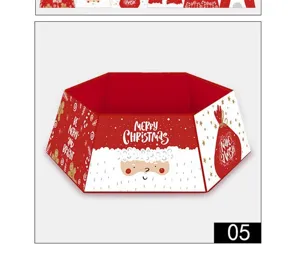 Detailed view of hexagonal Christmas tree collar featuring festive red holiday prints.