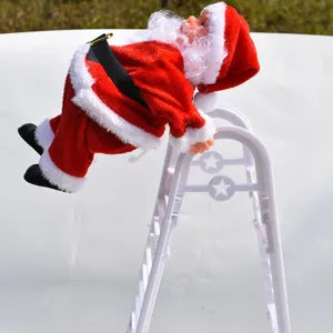 Vista detallada de juguete de Papá Noel trepador eléctrico, muñeco en escalera blanca.
