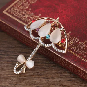 Exquisite umbrella shaped alloy brooch decorated with opal teardrop stones and sparkling rhinestones.