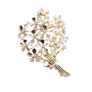 Elegant pearl bouquet brooch pin for women, gold tone crystal flower coat dress accessory