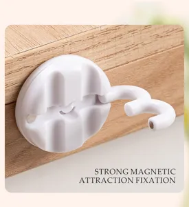 Gros plan sur le crochet de câble magnétique rotatif montrant son design blanc et sa fixation magnétique.