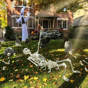Squelette d'Halloween avec chien ensemble de déco pour jardin hanté accessoire effrayant.