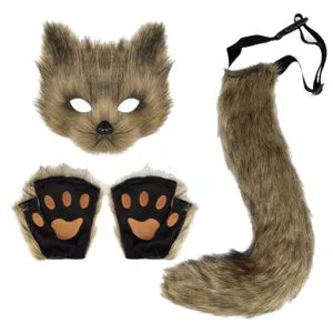 Cosplay plüsch tier maske pfoten handschuhe und schwanz set für halloween party kostüm