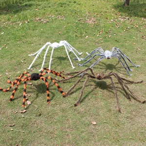 Large Halloween plush spider decoration set, colorful outdoor yard haunted house prop.