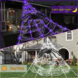 Halloween giant spider web decoration with purple LED lights and plush spider props for outdoor yard.