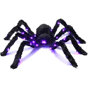 Halloween plush spider decoration with purple LED lights spooky party prop scary spider toy