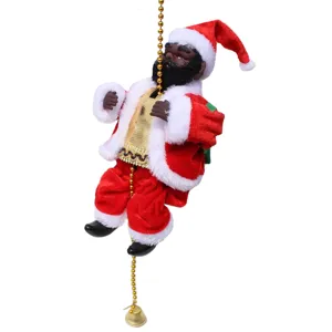 Vista detallada de la muñeca de Papá Noel trepadora eléctrica con traje de terciopelo rojo.