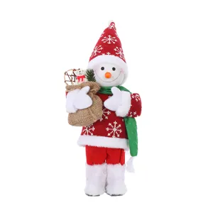 Christmas snowman plush doll toy with knitted red hat and green scarf for holiday home decor.