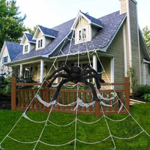 Halloween Giant Plush Spider Prop Voice Activated Glowing Vibrating Scary Spider Decoration With Large White Spider Web