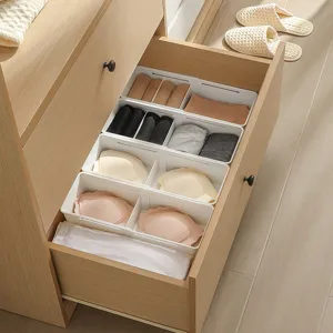 Adjustable drawer organizer white plastic storage box with flexible dividers for home use