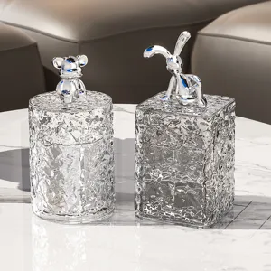 Clear water ripple desktop storage jar with silver animal lid for cotton swabs toothpicks