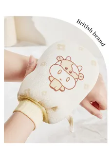 Joli gant de bain exfoliant vache de dessin animé double face pour le nettoyage du corps.