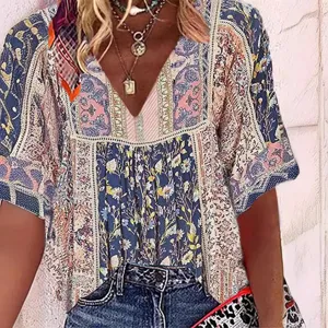 Blusa Casual Holgada Cuello V Manga Corta Estampado Verano Moda Mezcla Poliéster Top