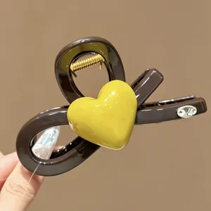 Koreanische Herz Haarklammer, brauner Haargummi Haarschmuck mit gelbem Herz für Damen.