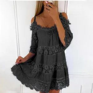 Damen schulterfreies Spitzen Trägerkleid einfarbig lässiges loses Midikleid für Sommer