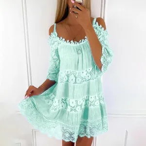 Damen schulterfreie spitze minikleid mintgrün kurze ärmel lagiges sommer tunika kleid