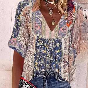 Moderna blusa de verano para mujer casual holgada con cuello en V y estampado floral boho