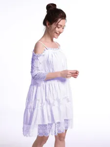 Off-Shoulder-Spitzenkleid Detailansicht, elegante Prinzessin Stil einfarbig loose Sommer Kleidung.