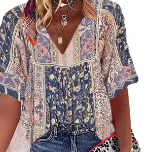 Mujer Verano Boho Cuello V Estampado Casual Suelto Manga Corta Camiseta Blusa Top Moda