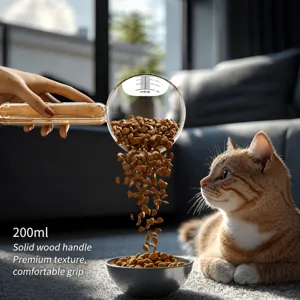Cuchara medidora de comida para mascotas de vidrio transparente con mango de madera y escala.