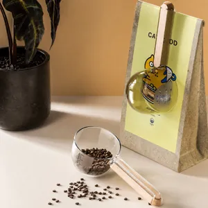 Cuchara medidora de vidrio con mango de madera y pinza de cierre para café y mascotas