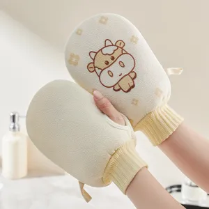 Gants de Bain Double Face Gants Exfoliants Imprimé Vache Cartoon Tissu Éponge Doux Poignet Élastique Outil de Nettoyage Corporel