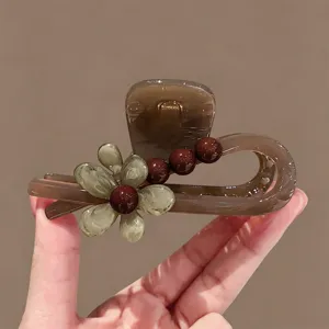 Koreanischer teebrauner Blumen-Haargreifer, elegante mittlere Haarklammer für Damen Frisur.