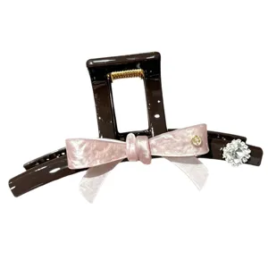 Koreanische braune große Haarklammer mit rosa Schleife und Strass für Damen neu