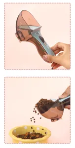 Detail view of adjustable pet food measuring scoop with clear capacity scale marks.