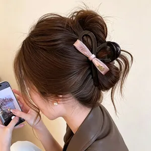 Elegant pink bow hair claw clip for women, large size shark clip for thick hair updos stylish.