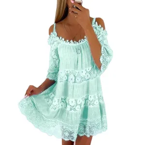 Damen Off Shoulder Spitzenkleid Sommer Lässig Strand Prinzessin Party Kurz Minikleid Minzgrün
