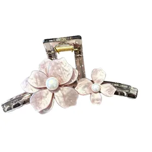Grande molletta per capelli a fiore rosa con perla, elegante pinza in acetato per donna.