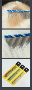Pet grooming comb detail showing dense metal teeth and colorful threaded handle design.