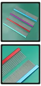 Detail view of stainless steel pet grooming comb with fine and wide teeth and colorful metal handle.