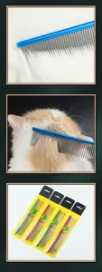 Stainless steel pet grooming comb for long hair dogs and cats, durable metal teeth for smooth care.