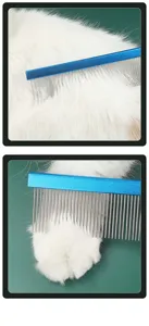 Stainless steel pet grooming comb detail view, dual pitch teeth for cat and dog fur care.