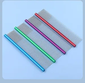 Colorful pet grooming comb with metal teeth and aluminum handle for cats and dogs grooming.