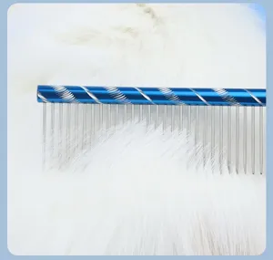 Metal pet grooming comb detail view with stainless steel teeth and blue handle for daily pet care.