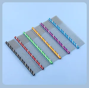 Metal pet grooming comb set of six colorful straight combs for dogs and cats detail view