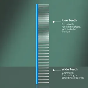 Stainless steel double row teeth pet grooming comb for dogs and long-haired pets.