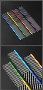 Detailed close-up of stainless steel pet grooming comb with colorful metal handle.