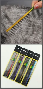 Stainless steel pet grooming comb with long and short teeth for cat and dog floating hair removal.