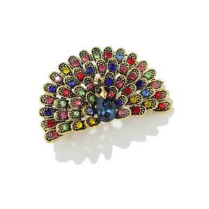 Vintage strass pauw broche speld, antiek goud legering kleurrijke kristal mode sieraden.