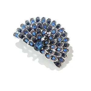 Gedetailleerd overzicht van de vintage zilverkleurige pauwenbroche met blauwe strasssteentjes.
