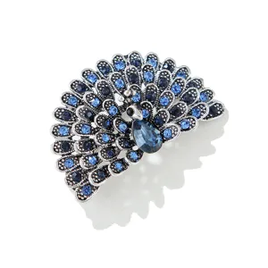 Mooie Vintage Strass Pauw Broche Blauwe Kristallen Legering Dames Mode Sieraden Speld