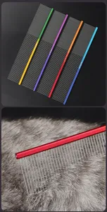 Colorful pet grooming comb with aluminum handle and stainless steel pins for cats and dogs.