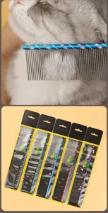 Pet grooming comb with stainless steel teeth and colorful metal handle for dogs and cats.