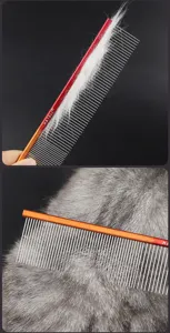 Detailed pet grooming comb with colorful gradient aluminum handle and fine stainless steel teeth.