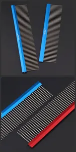 Detail view of pet grooming comb with fine metal teeth and colorful handle for pets.